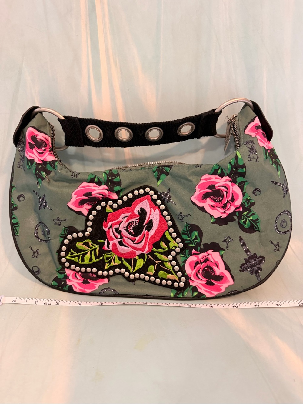 Vintage Betsey Johnson Olive Green Floral Shoulder Bag with Pink Rose Appliqué